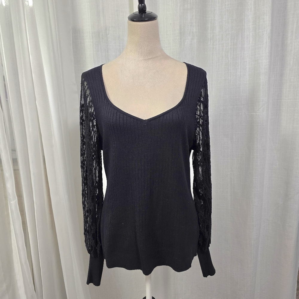 2/$30 Absolutely Famous Black Rib Knit‎ Sweater Lace Sleeves Plus Size 1X
